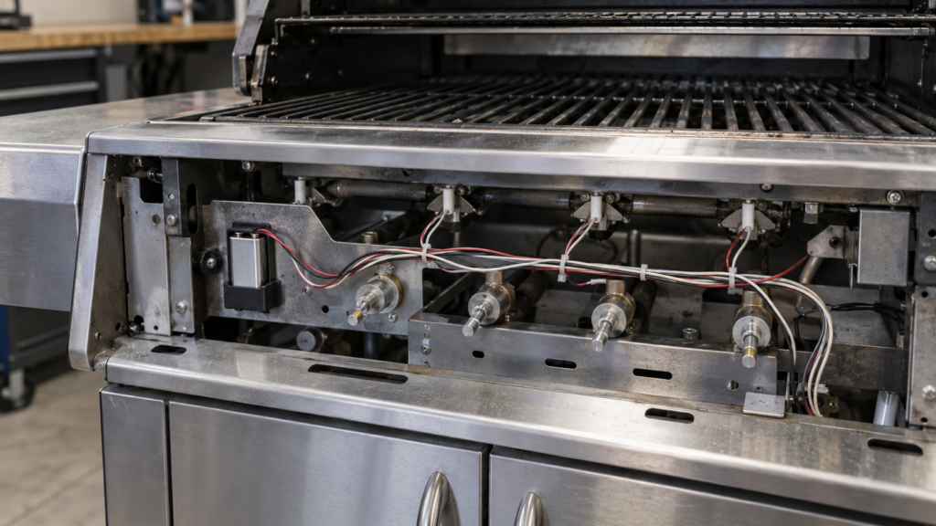 The open control compartment of a stainless gas grill with the knob panel removed, a 9V battery in its small holder and a cluster of thin igniter wires fanned out toward the burners, cool workshop light, no person and no hands in the frame.