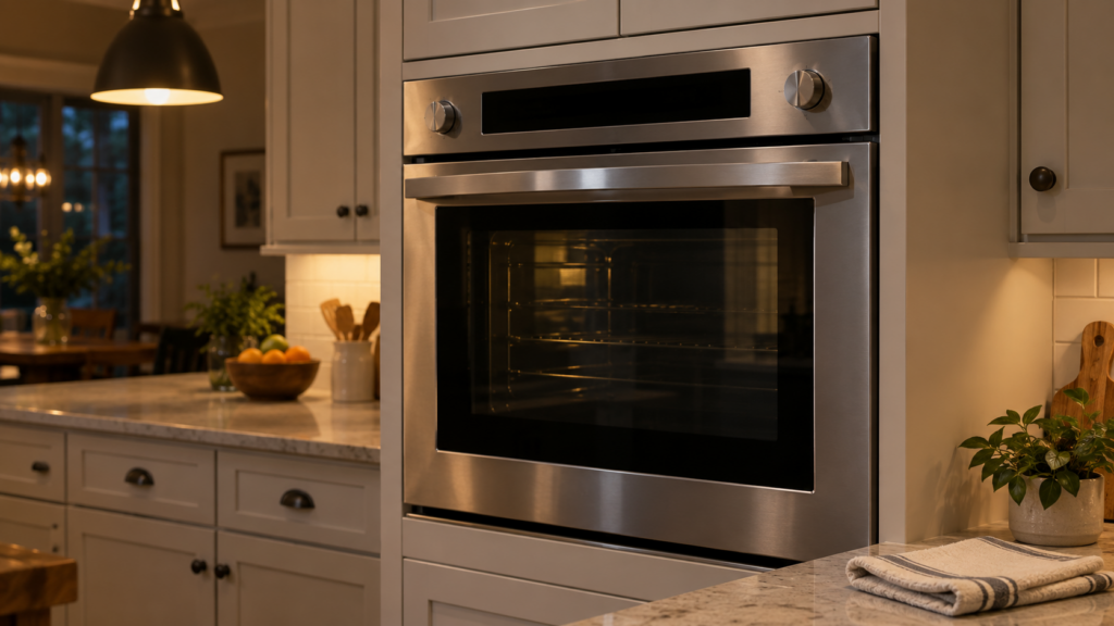 A built-in wall oven in an American kitchen with a completely dark, blank display strip across the top of its control panel, a folded dish towel on the counter below and warm evening light from a pendant lamp.
