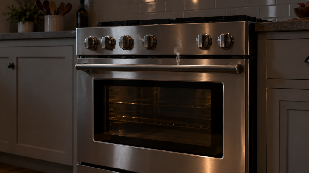 A thin gray wisp of smoke rises from the gap along the top edge of a closed range oven door.