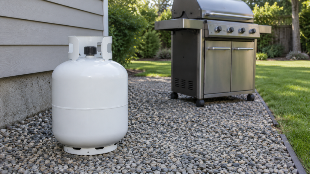 A propane cylinder stands upright with its cap on, on a gravel pad in open shade, a few feet from a grill cart.