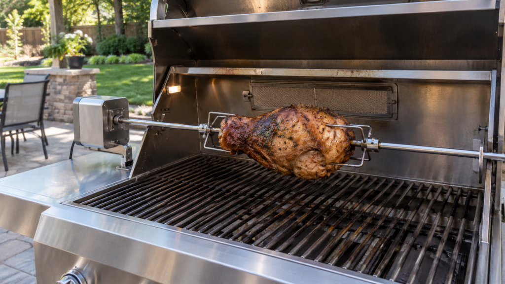 A rotisserie spit rod with two forks holding a lopsided whole roast resting across an open stainless gas grill, the motor bracket at the left end, burners off, an American backyard patio with green grass.