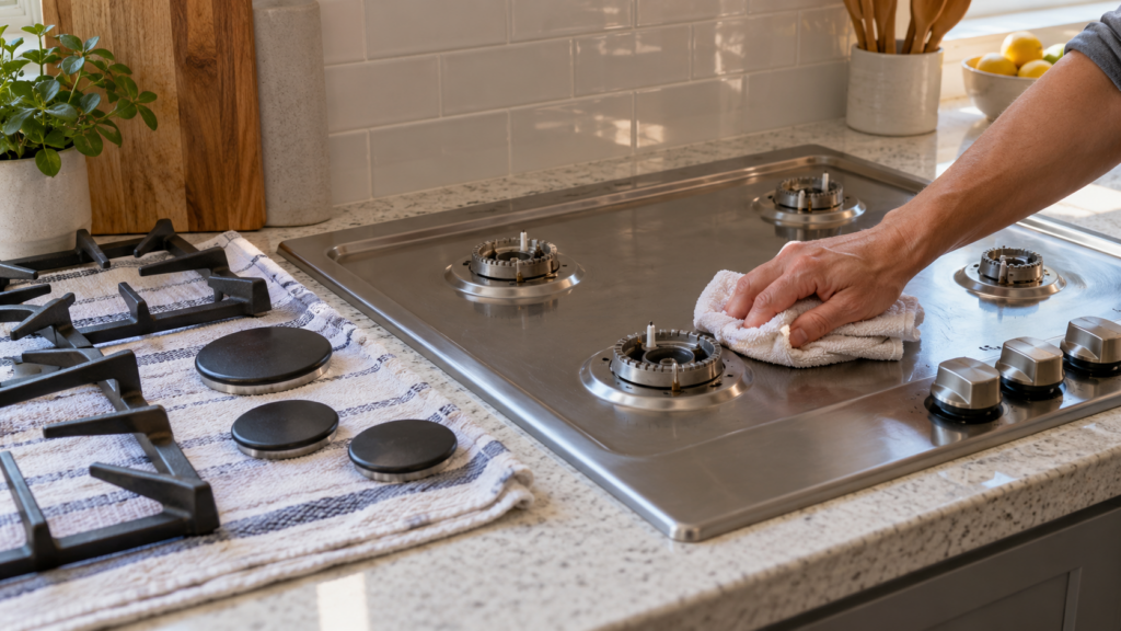 A gas cooktop with its grates and burner caps removed and laid on a towel beside it, a dry cloth wiping around the burner heads, an American kitchen with soft daylight.