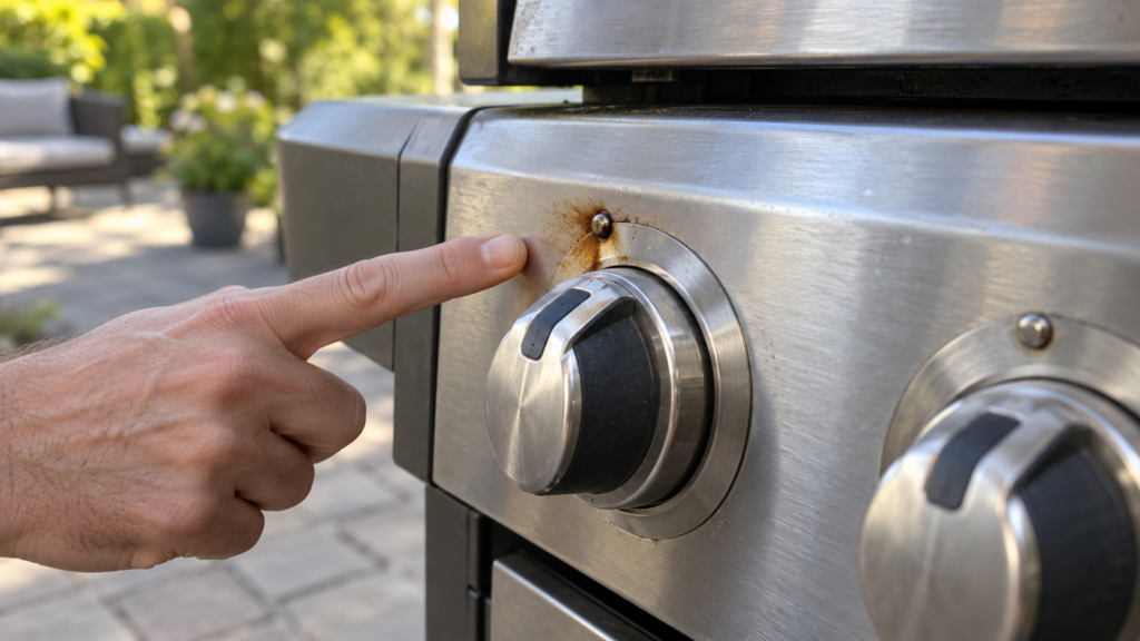 A fingertip points to a tea-colored stain spreading from a rivet on a brushed stainless grill knob bezel.