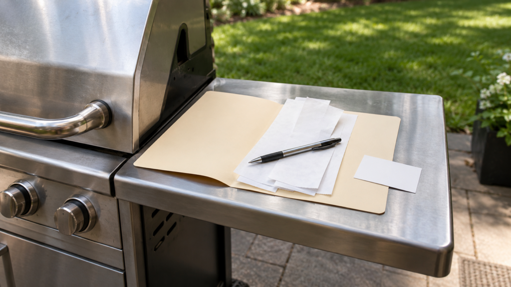 A plain open folder of blank receipts and a card lies on the side shelf of a stainless grill cart with a pen across it.