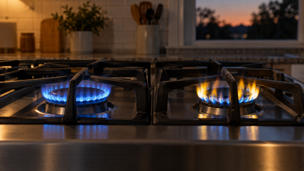 Two gas burners side by side, one with a clean blue flame and one with yellow-tipped flames.